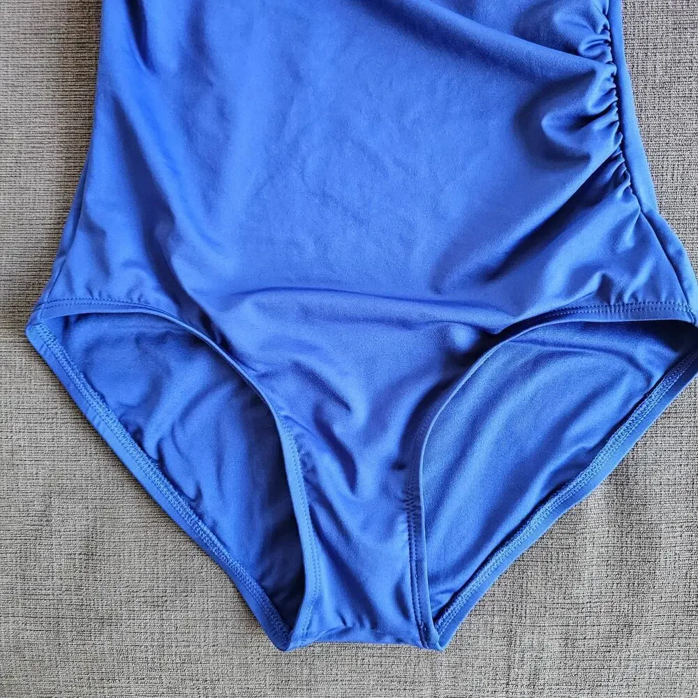 Michael Kors women's blue one-piece swimsuit gold logo ring one shoulder Size 10